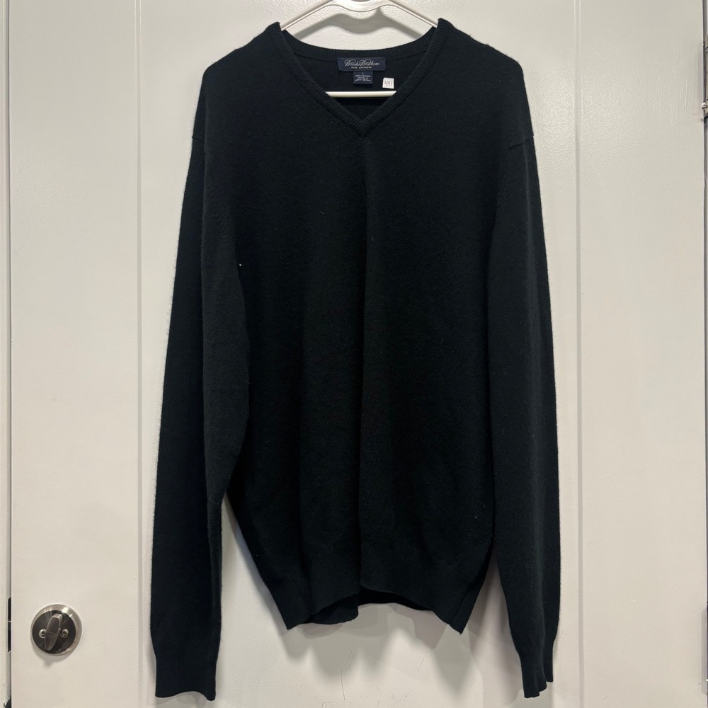 Brooks brothers Mens Cashmere V-Neck Sweater Black Size XL Solid Knit Pullover‎